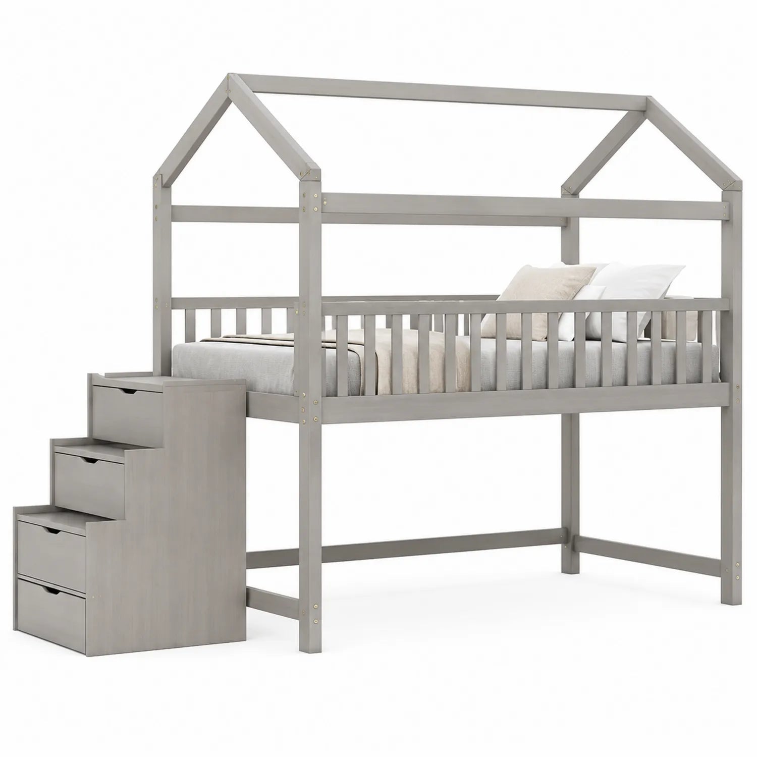 Lit mezzanine en bois de pin gris avec escalier de rangement 200x90 cm
