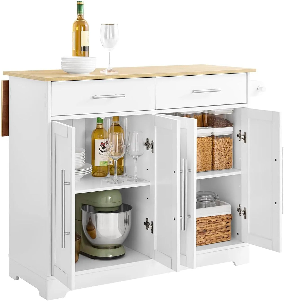 SoBuy Îlot Central Cuisine à roulettes avec Plan de Travail — FKW129-WN, avec tiroirs, avec Bibliothèque et étagère de rangements, réglable