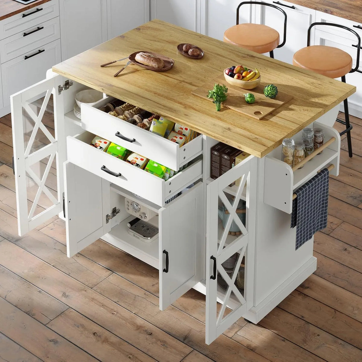ilot de Cuisine: avec tiroirs, pliable, réglable, 4 Portes, 2 Tiroirs, blanc