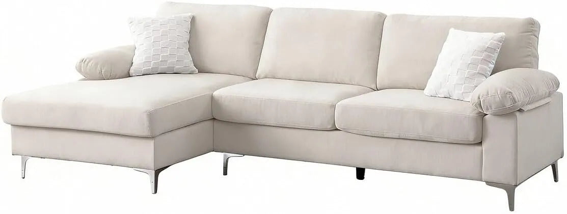 Canapé d'angle et canapé panoramique – angle gauche, en chenille, revêtement en tissu, 3 places, beige