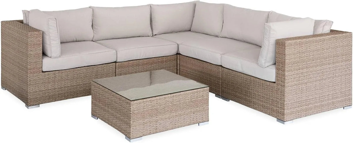 Salon de jardin et ensemble lounge – avec accoudoirs, avec coussins, 5 Places, beige