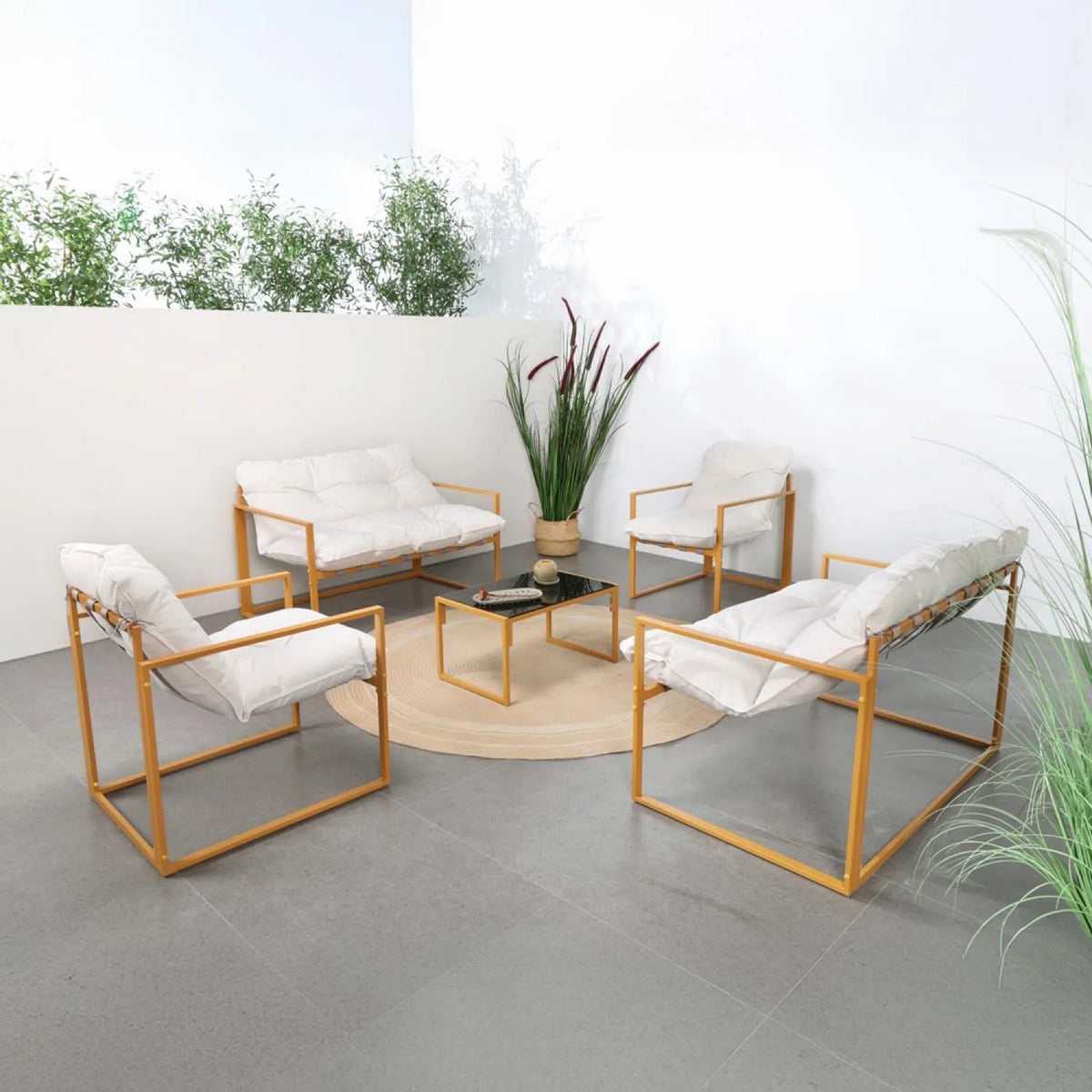 Salon de jardin et ensemble lounge — USINE, en acier, avec coussins, 6 Places, 10 cm, marron