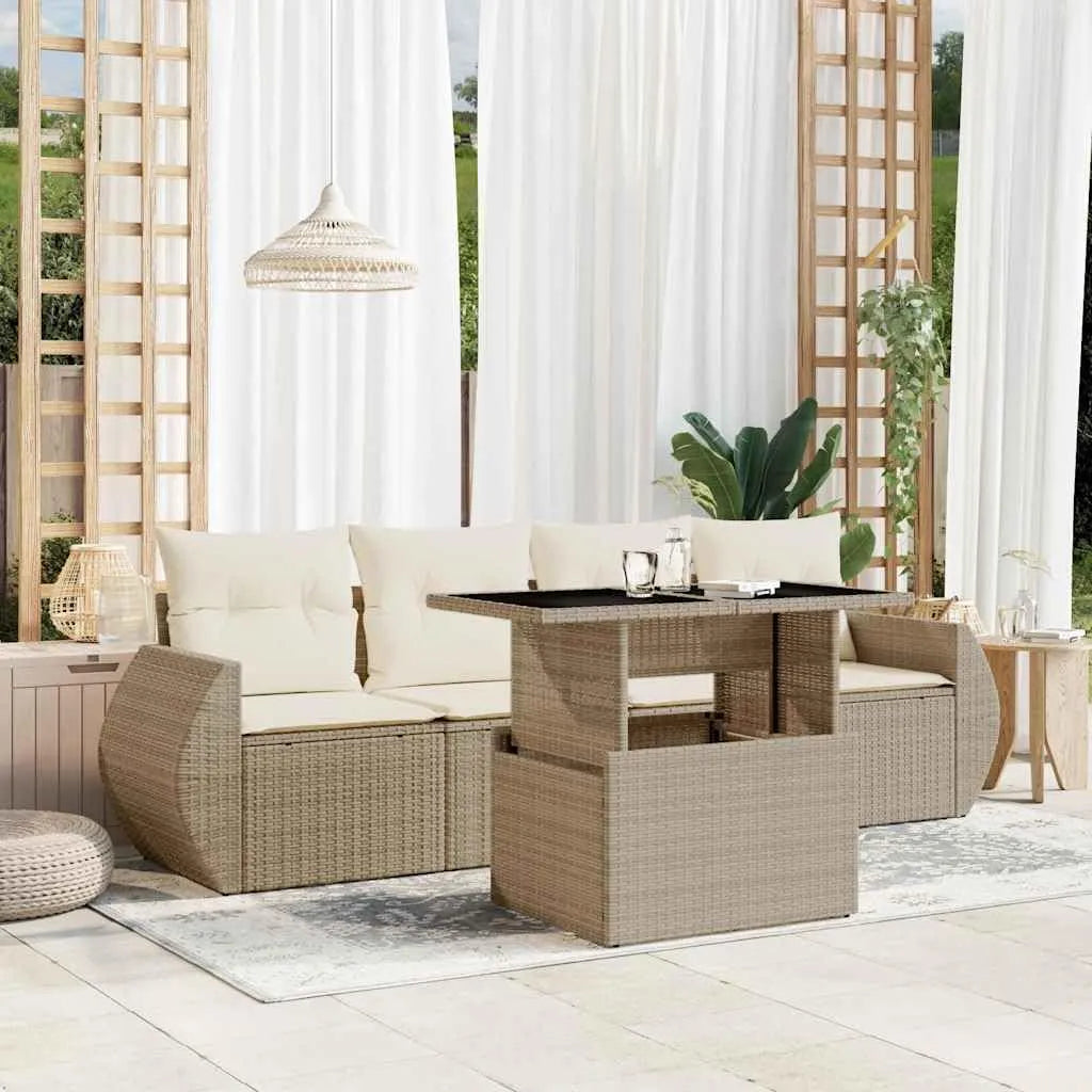 Canapé de jardin et sofa lounge extérieur — modulaire, avec coussins, réglable, 5 pièces, beige, en résine tressée