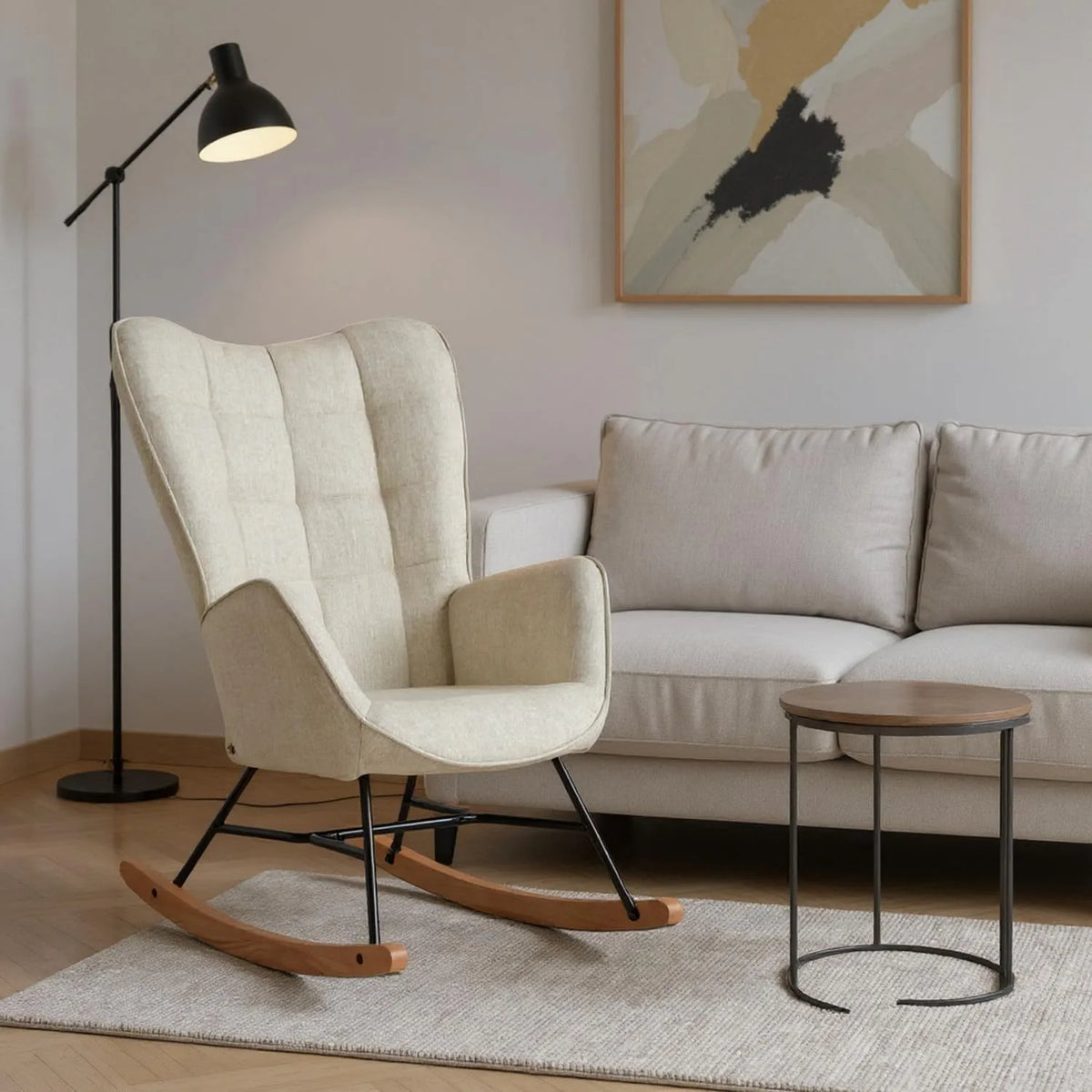 Fauteuil et chaise rembourrée à bascule — en métal, revêtement en tissu, en bois