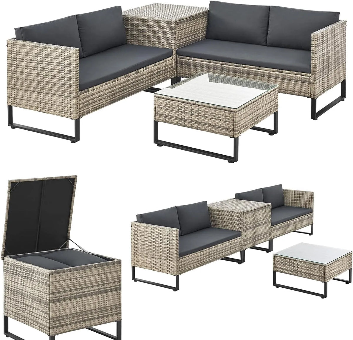 Salon de jardin et ensemble lounge – avec coussins, résistant aux intempéries, gris, en résine tressée