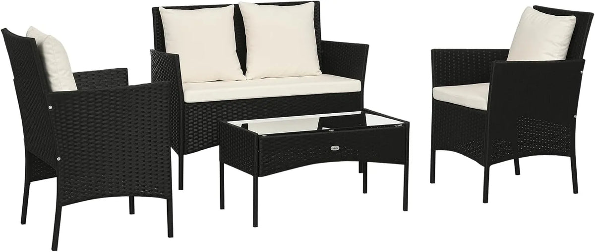 Outsunny Chaise de jardin et fauteuil de terrasse — en résine tressée, 4 pièces, 2 places, noir, en résine tressée