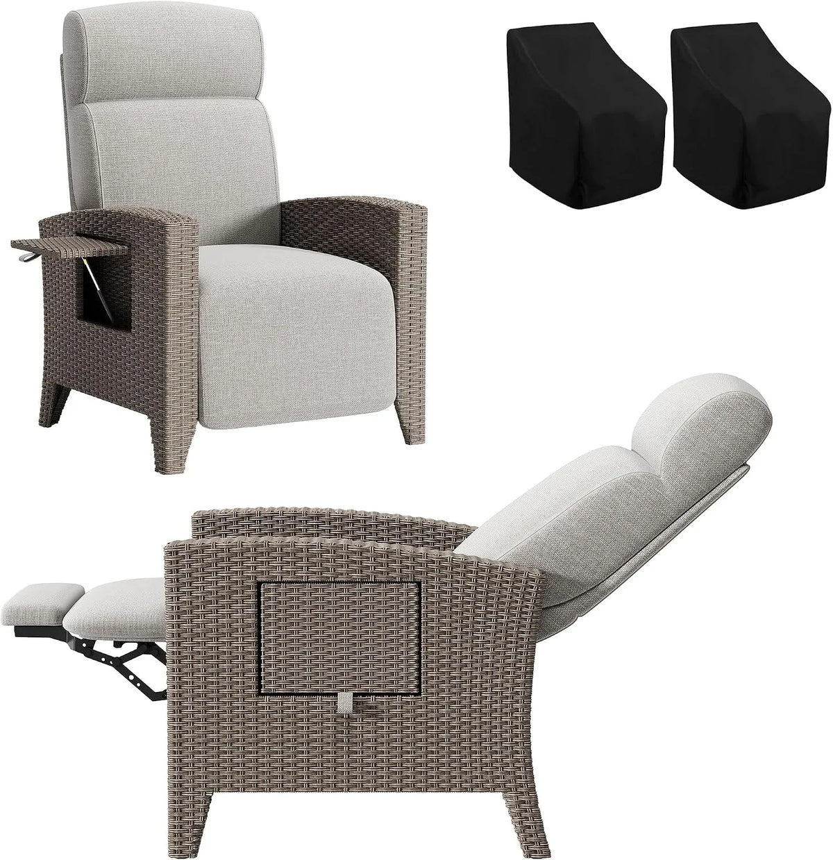 Fauteuil relax et fauteuil inclinable: lavable, avec dossier, avec coussins, réglable, beige, en résine tressée