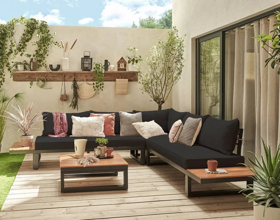Salon de jardin et ensemble lounge: en métal, en bois, 5 Places, noir