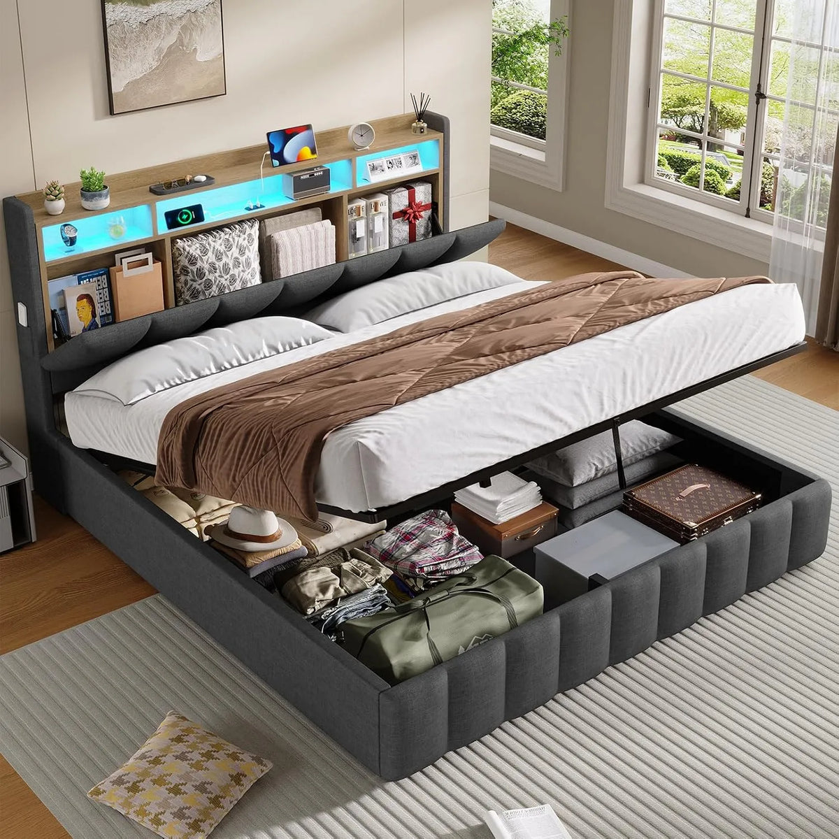 Lit Coffre 160 x 200 à LED – en bois, avec rangement, avec Bibliothèque et étagère de rangements, affichage LED, 160 × 200, gris, avec étagères