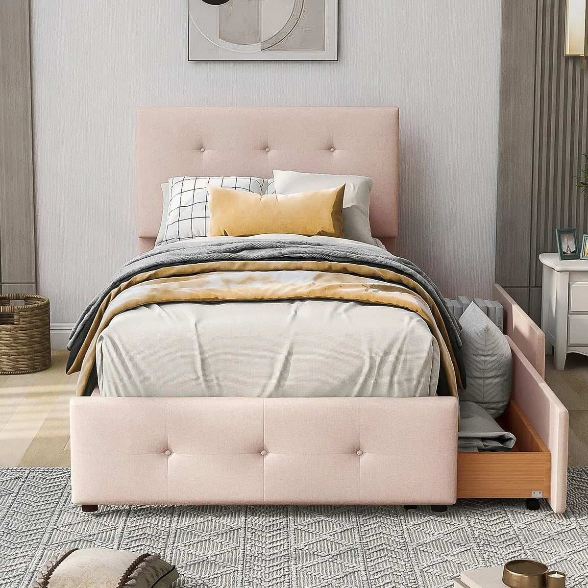 Lit rembourré et cadre de lit tapissé – pour enfant, revêtement en tissu, avec tiroirs, avec dossier, 90 × 200 cm, beige, revêtement en velours