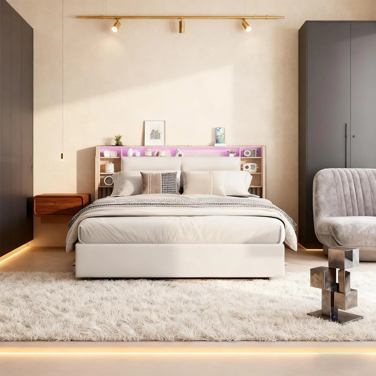 Lit capitonné 160 x 200 cm avec sommier à lattes: en métal, avec rangement, 160 × 200 cm, blanc, avec rangement intégré