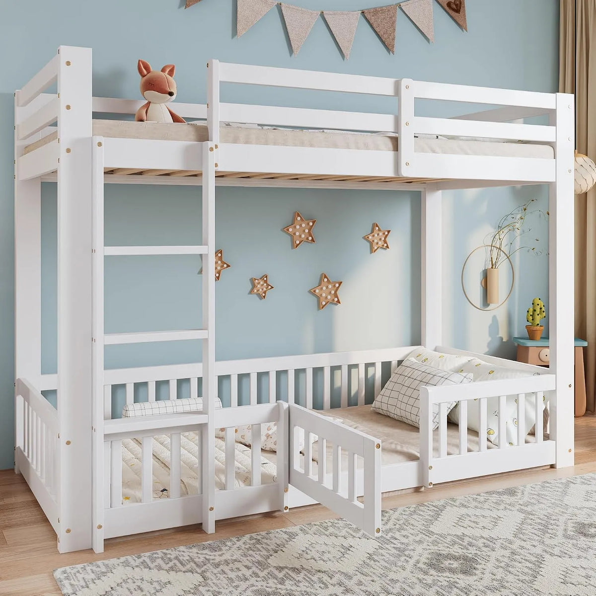 Lit superposé et lit mezzanine: pour enfant, en bois, avec barrière anti-chute, avec échelle, 90 × 200 cm, blanc