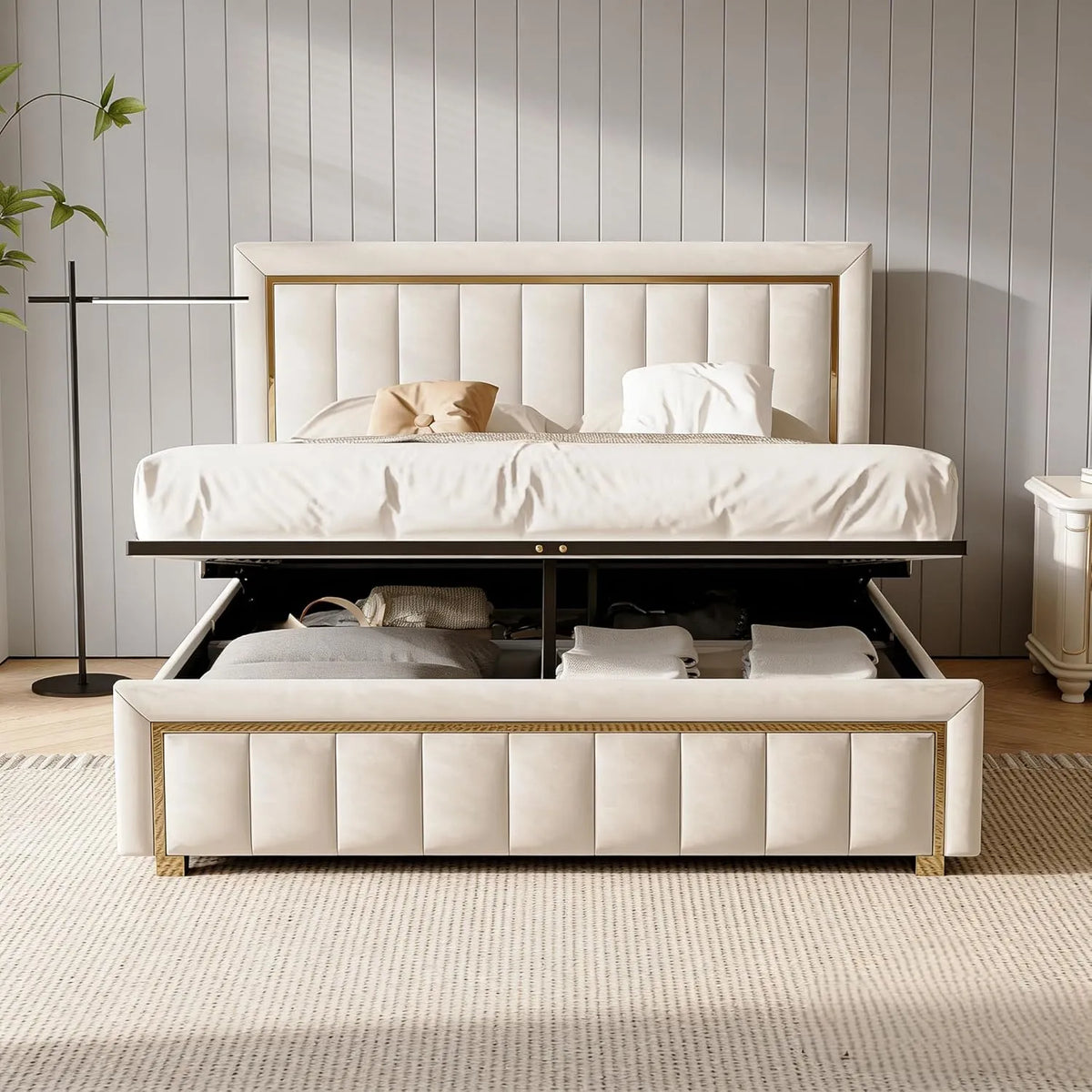 Lit rembourré et cadre de lit tapissé – 160 × 200 cm, beige, revêtement en velours, revêtement en tissu