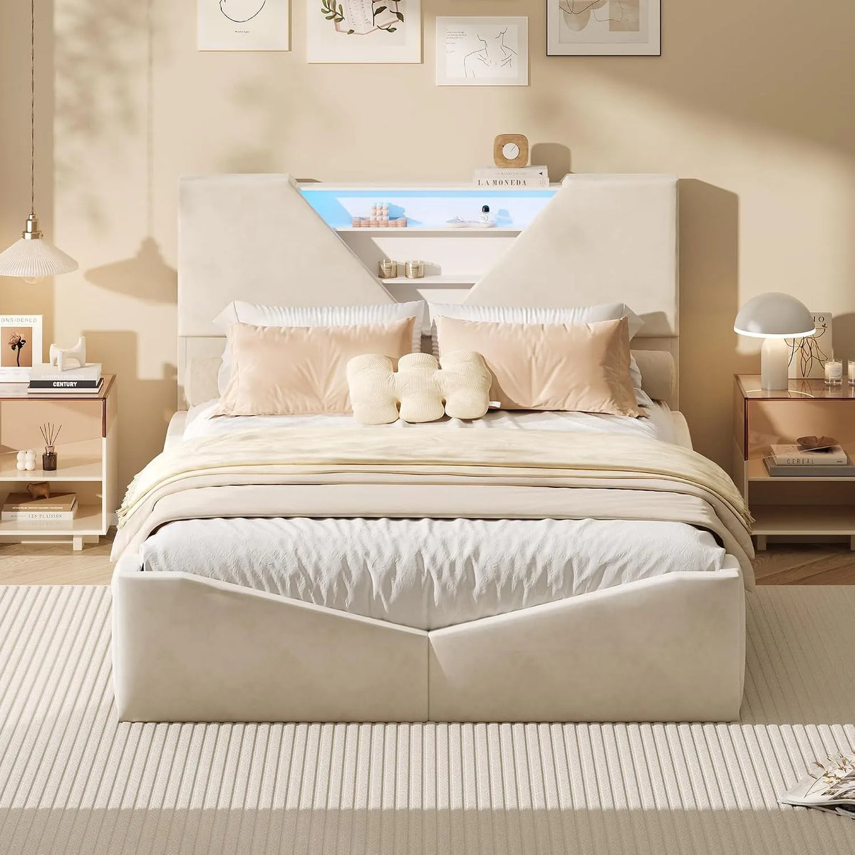 Lit double rembourré — avec rangement, affichage LED, 140 × 200 cm, beige, avec rangement intégré, revêtement en tissu