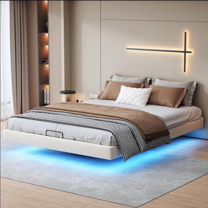 Lit capitonné: affichage LED, 160 × 200 cm, beige, revêtement en tissu