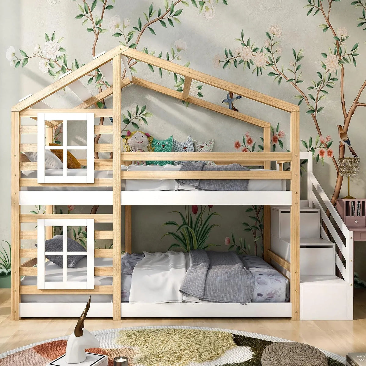 Lit superposé et lit mezzanine – pour enfant, avec tiroirs, avec barrière anti-chute, 90 × 200, blanc