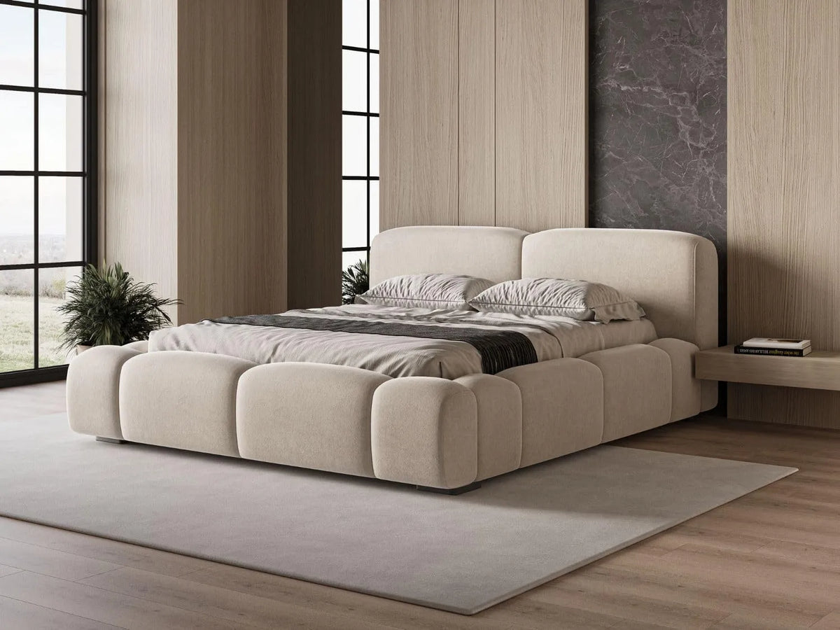 Lit Lano 180x200 — revêtement en tissu, avec rangement, 180 × 200, beige, avec rangement intégré, revêtement en velours