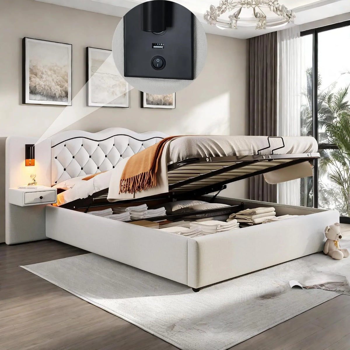 Lit Coffre 180x200 avec sommier et tête et USB – avec rangement, avec port USB, affichage LED, 180 × 200, beige