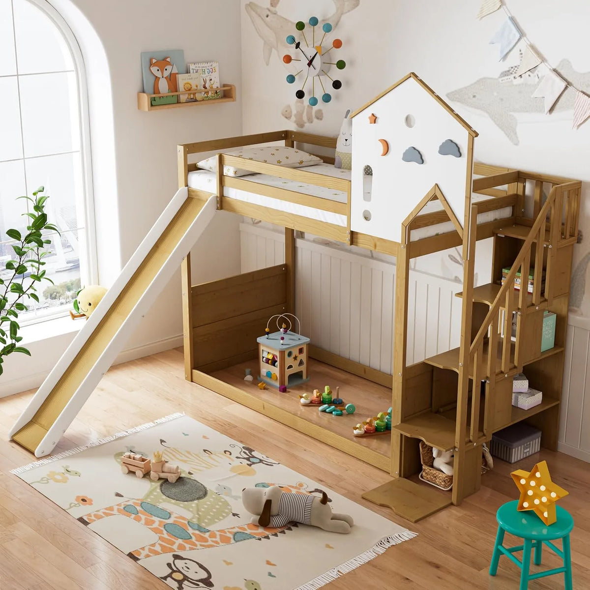 Lit superposé et lit mezzanine – pour enfant, avec escalier, avec toboggan, 2 Places, 90 × 200cm, blanc