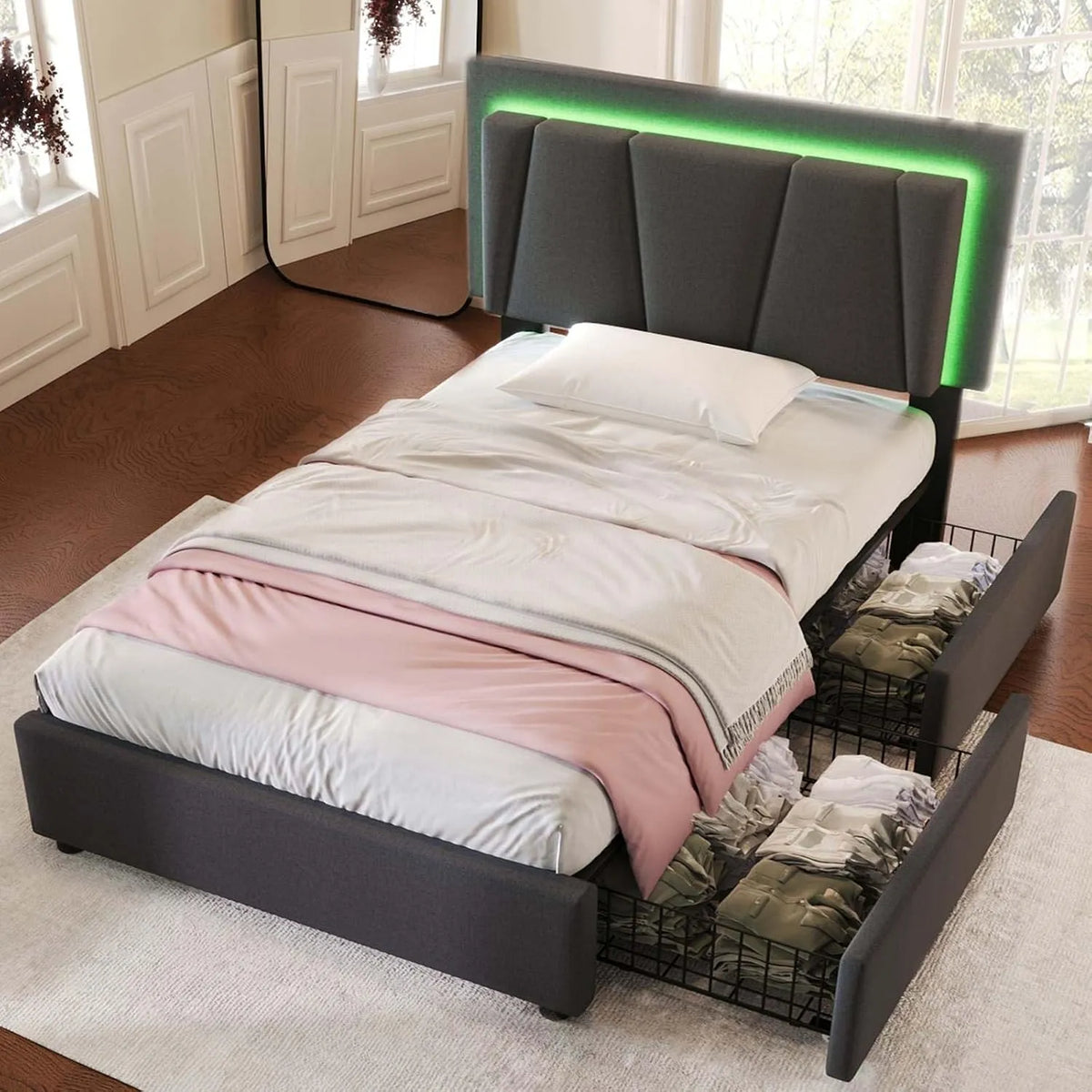 Lit Simple Rembourré avec éclairage LED et 2 Tiroirs — en bois, avec rangement, avec tiroirs, réglable, 90 × 200CM, gris, hauteur réglable