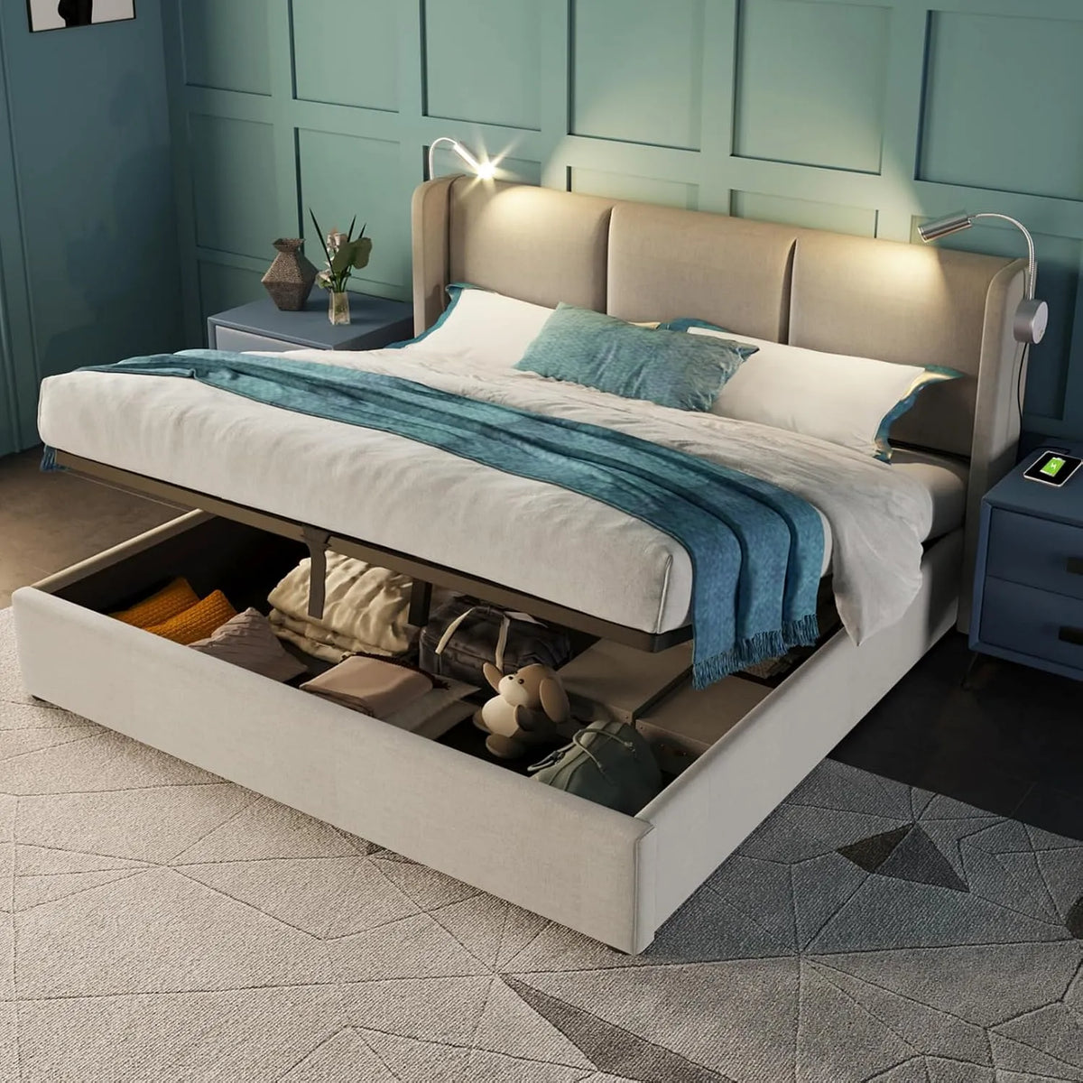 Lit Coffre 160x200 avec Sommier: avec rangement, 160 × 200, beige, revêtement en tissu