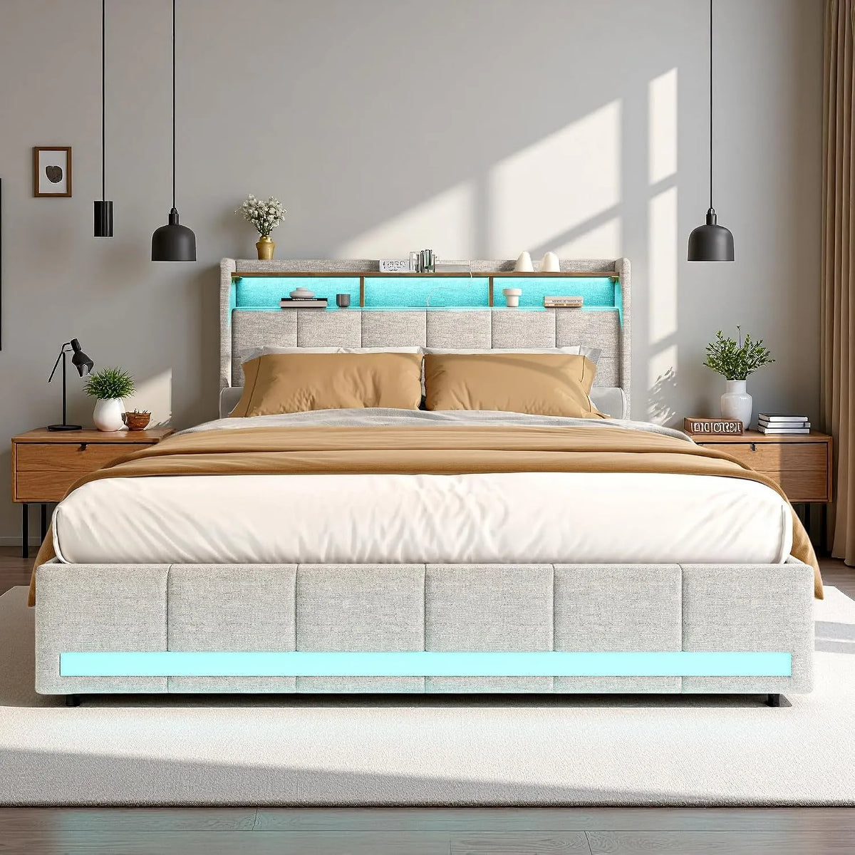 Lit rembourré et cadre de lit tapissé — avec tiroirs, avec port USB, affichage LED, 4 tiroirs, 140 × 190 cm