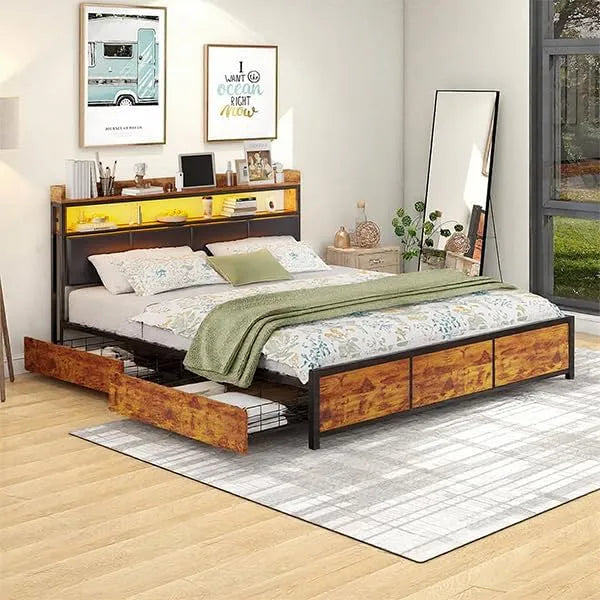 Lit rembourré et cadre de lit tapissé – en métal, avec tiroirs, avec port USB, affichage LED, 4 tiroirs, 160 × 200 cm
