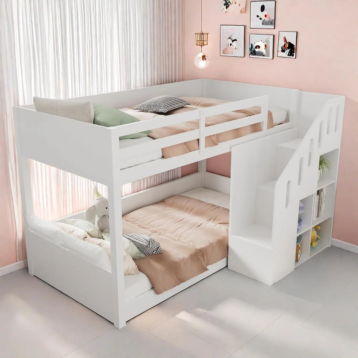 Lit superposé et lit mezzanine – pour enfant, avec escalier, avec barrière anti-chute, 2 Places, 90 × 200 cm, blanc, revêtement en tissu