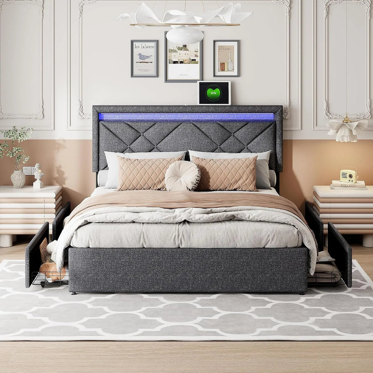 Lit rembourré et cadre de lit tapissé — avec tiroirs, avec port USB, réglable, affichage LED, 4 tiroirs, 160 × 200 cm
