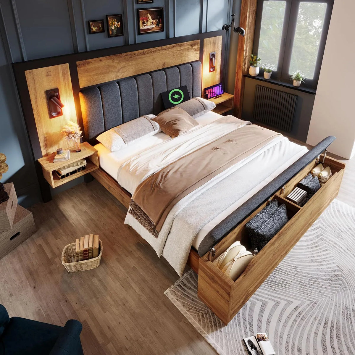 Banc et banquette d'intérieur – en métal, avec rangement, avec port USB, revêtement en tissu