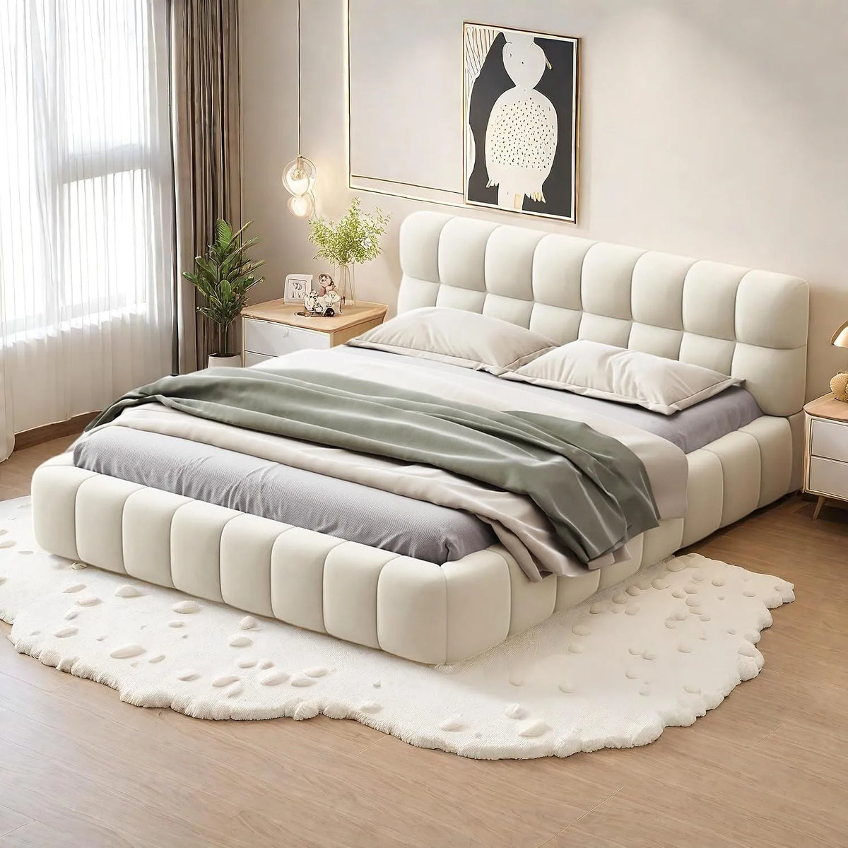 Lit Bubble 140x190: avec dossier, 140 × 190, beige, revêtement en tissu