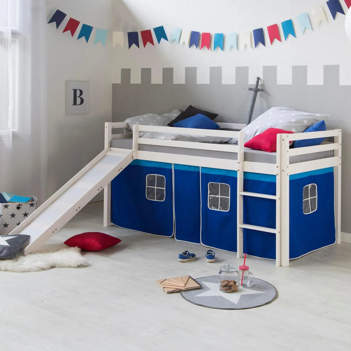 Homestyle4u 2564 Lit mezzanine: pour enfant, en bois, avec toboggan, avec échelle, 90 × 200 cm, blanc