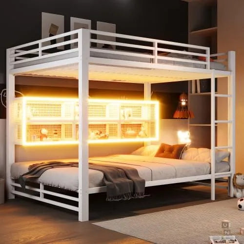 Lit superposé et lit mezzanine – pour enfant, en métal, avec rangement, avec armoire, 140 × 200 cm, blanc, avec éclairage LED
