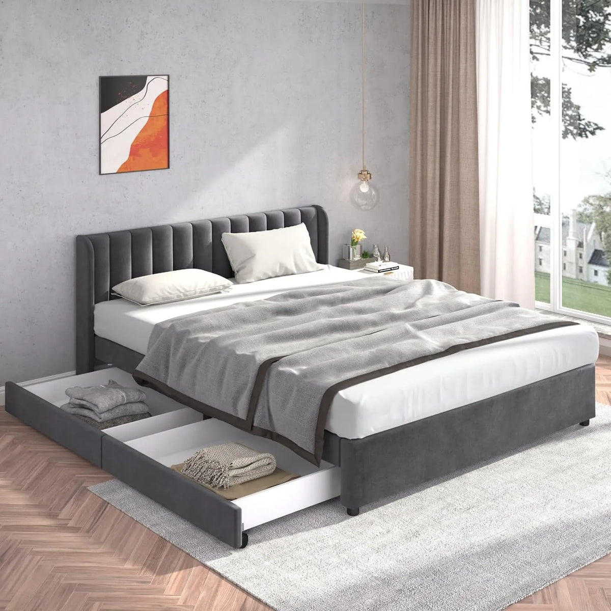 Lit Double 180x200cm — revêtement en tissu, avec rangement, avec tiroirs, 2 Tiroirs, 180 × 200cm, gris, revêtement en velours