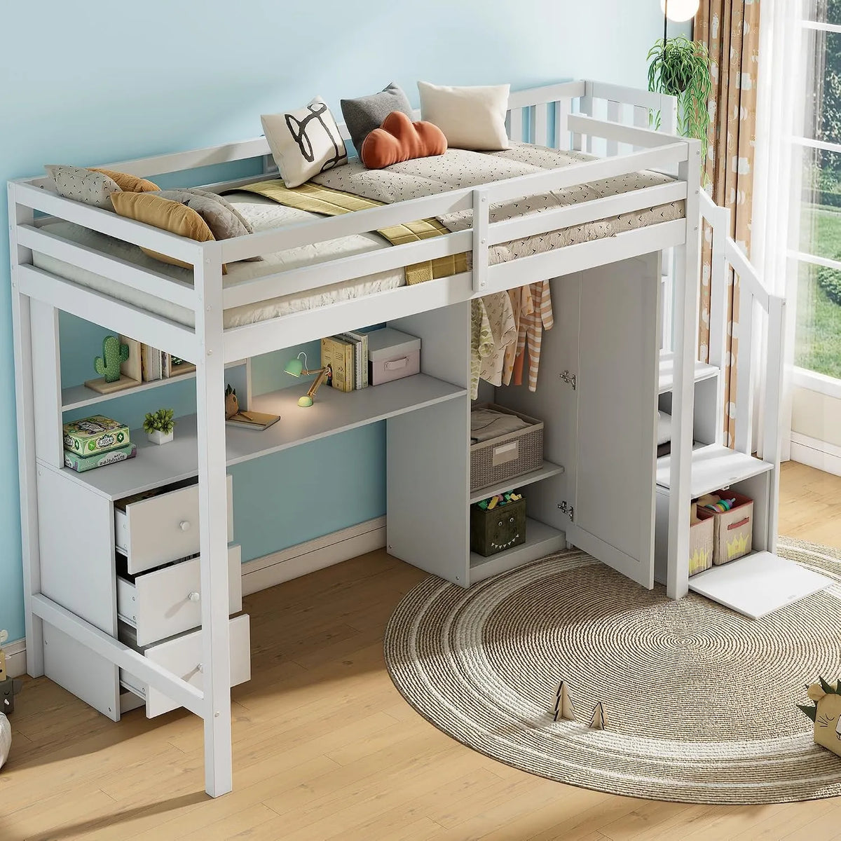Armoire de rangement – MDF, pour enfant, avec rangement, avec tiroirs, avec escalier, 90 × 200 cm, blanc, revêtement en tissu