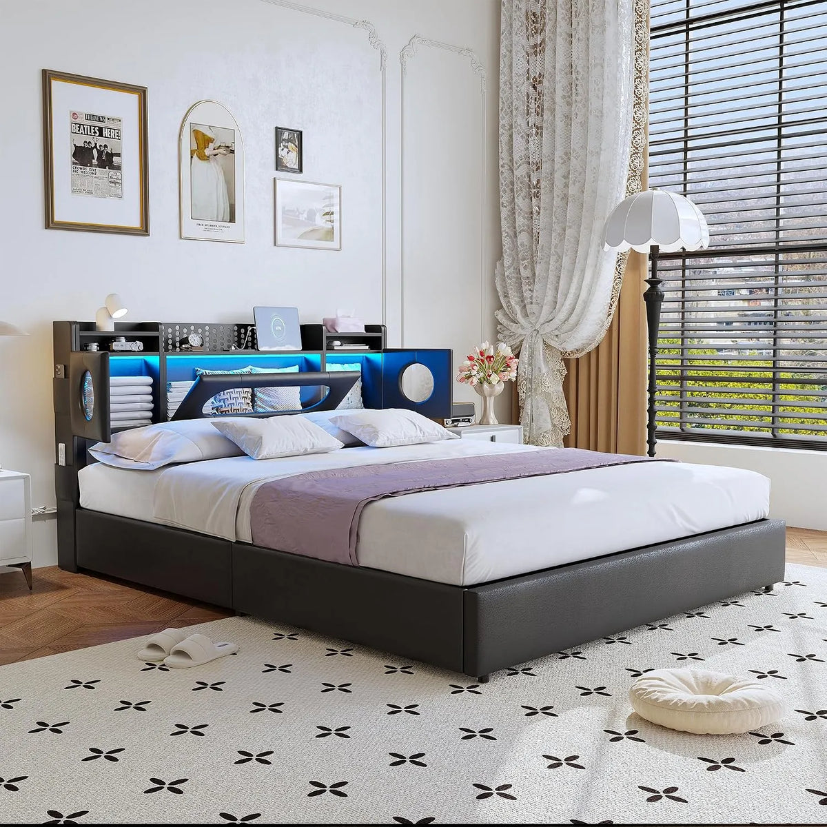 Lit Double avec Rangement 140×200 cm Lit Coffre avec LED – avec Bibliothèque et étagère de rangements, avec port USB, affichage LED, avec étagères