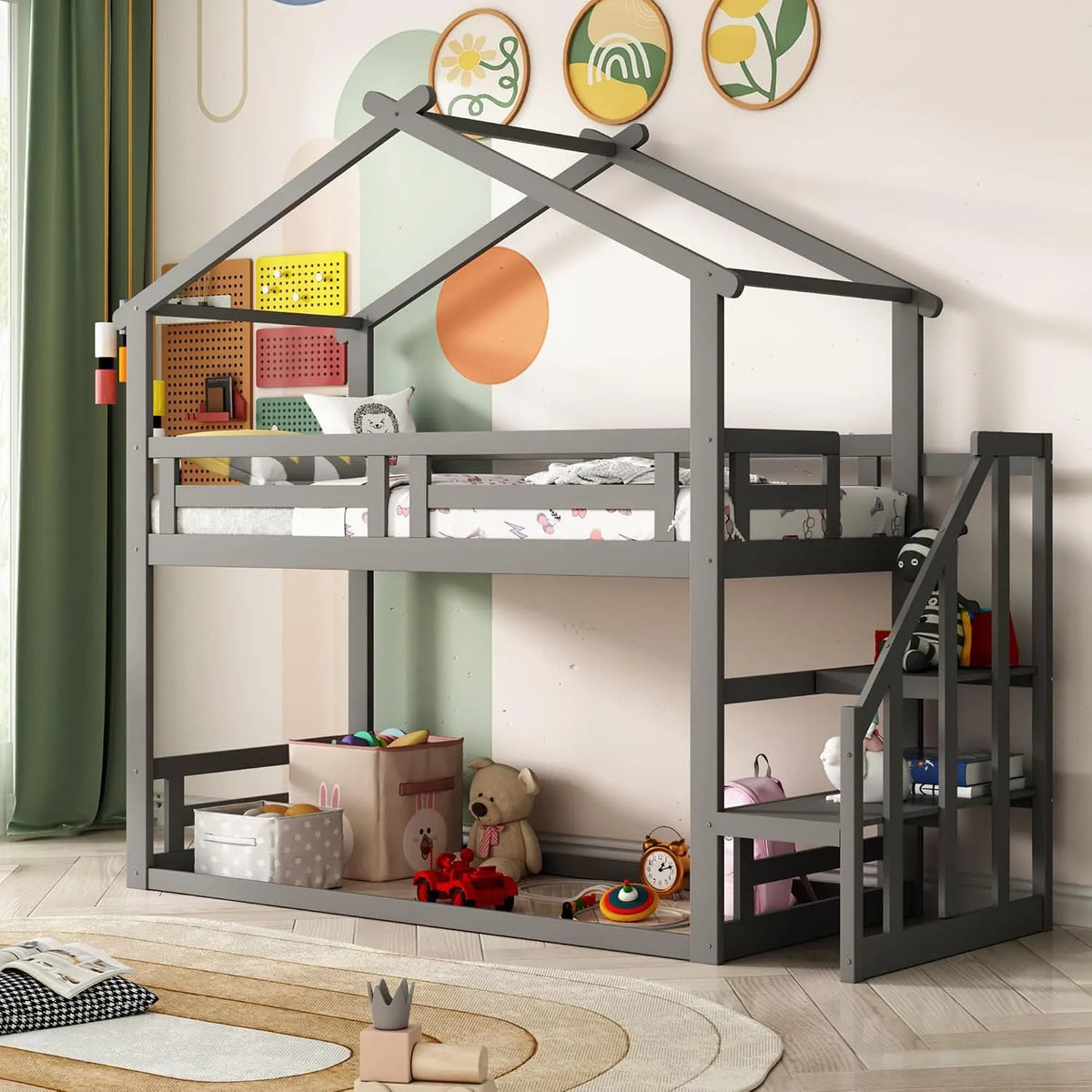 Lit Enfant 90x200cm – pour enfant, en bois, avec échelle, 90 × 200cm, gris, en bois massif