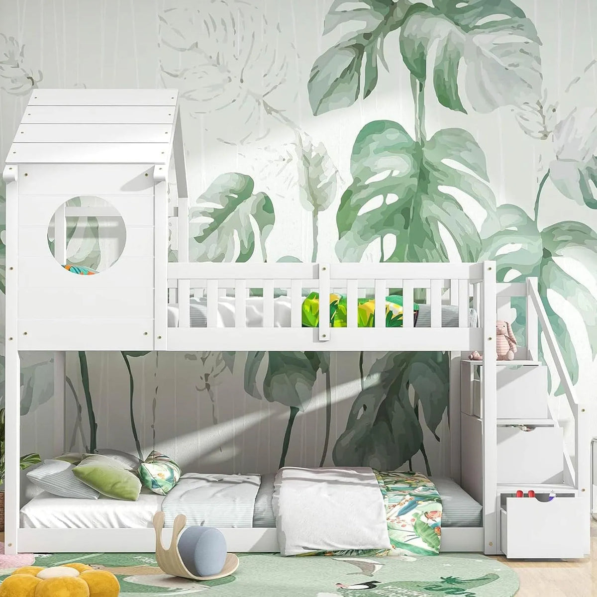 Lit superposé et lit mezzanine – pour enfant, en bois, avec échelle, 90 × 200Cm, revêtement en tissu