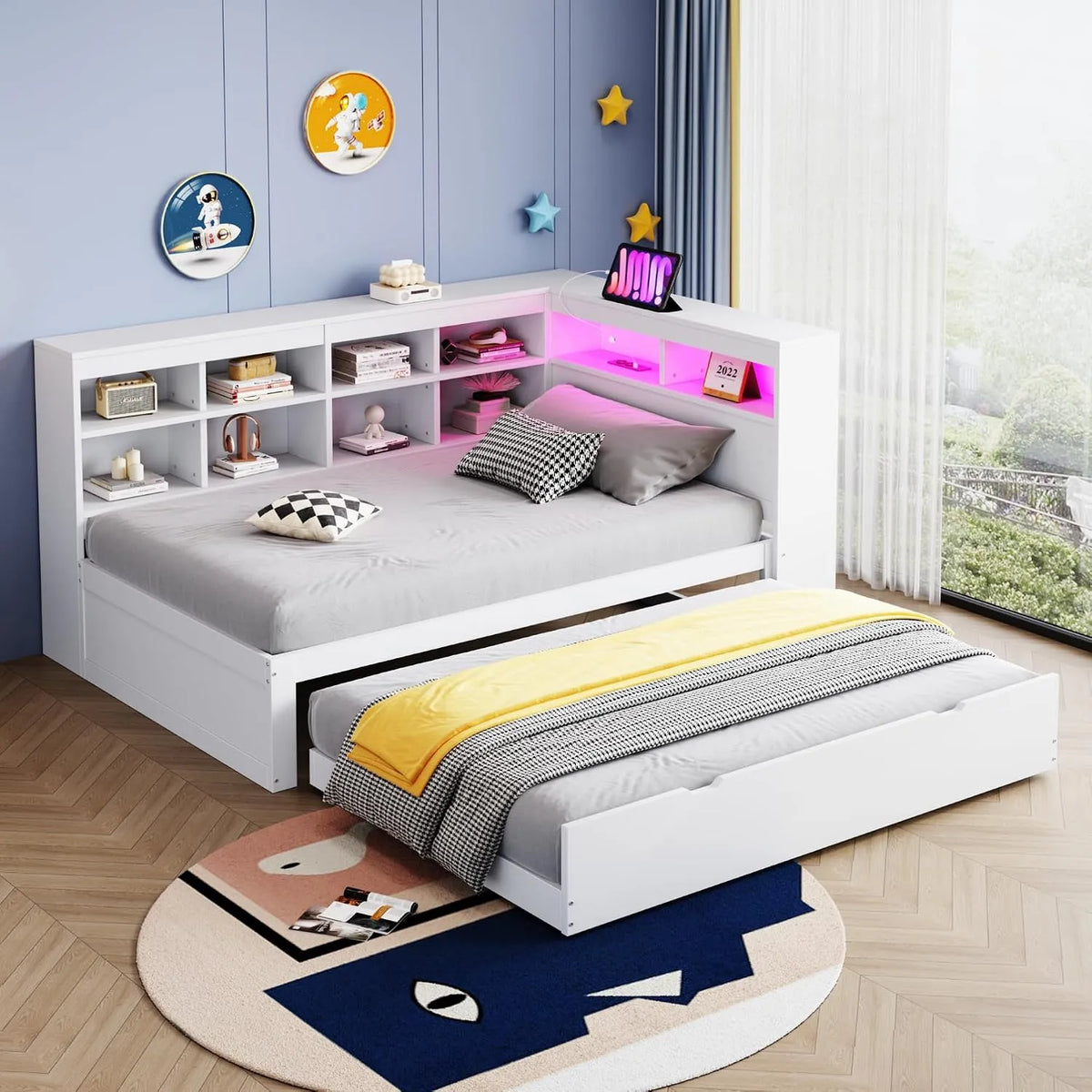 Canapé convertible et canapé-lit – en bois, avec rangement, avec port USB, affichage LED, 90 × 200cm, blanc, en bois massif