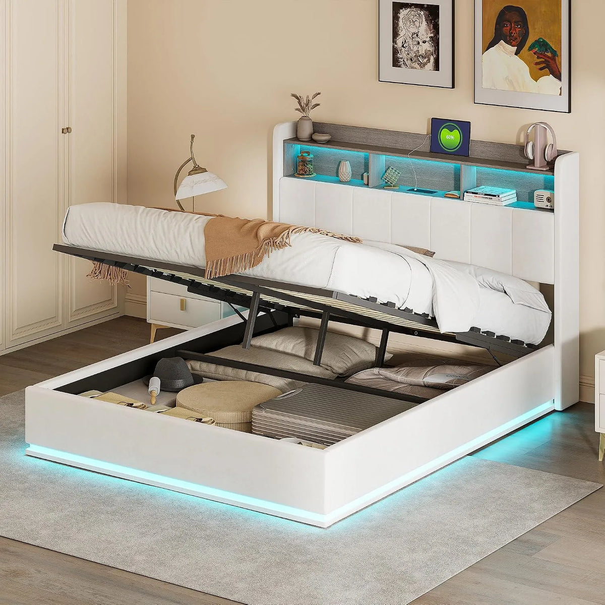 Lit Coffre 140 x 200 cm: avec rangement, avec port USB, affichage LED, 140 × 200 cm, blanc, revêtement en velours