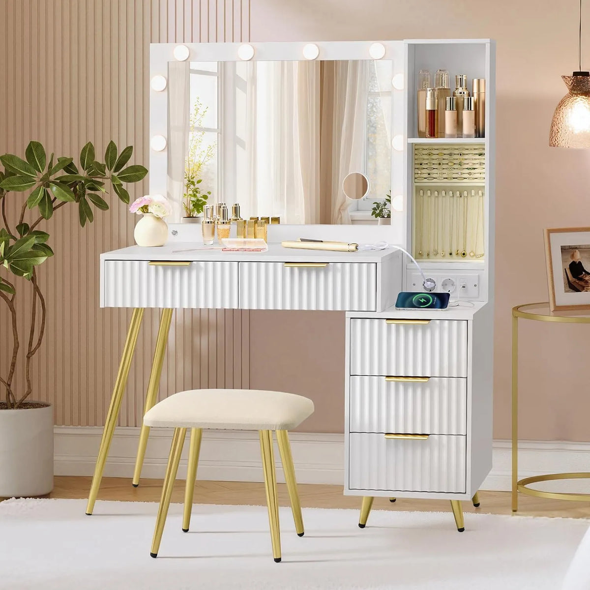 VASAGLE RVT020WB01 Coiffeuse et table de maquillage avec Miroir et Tabouret — avec tiroirs, affichage LED, 40 × 110 × 135 cm, blanc