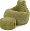 Green Bean© Pouf avec Tabouret en Velours côtelé — 90 × 80 × 80 cm, 45 × 25 cm, vert