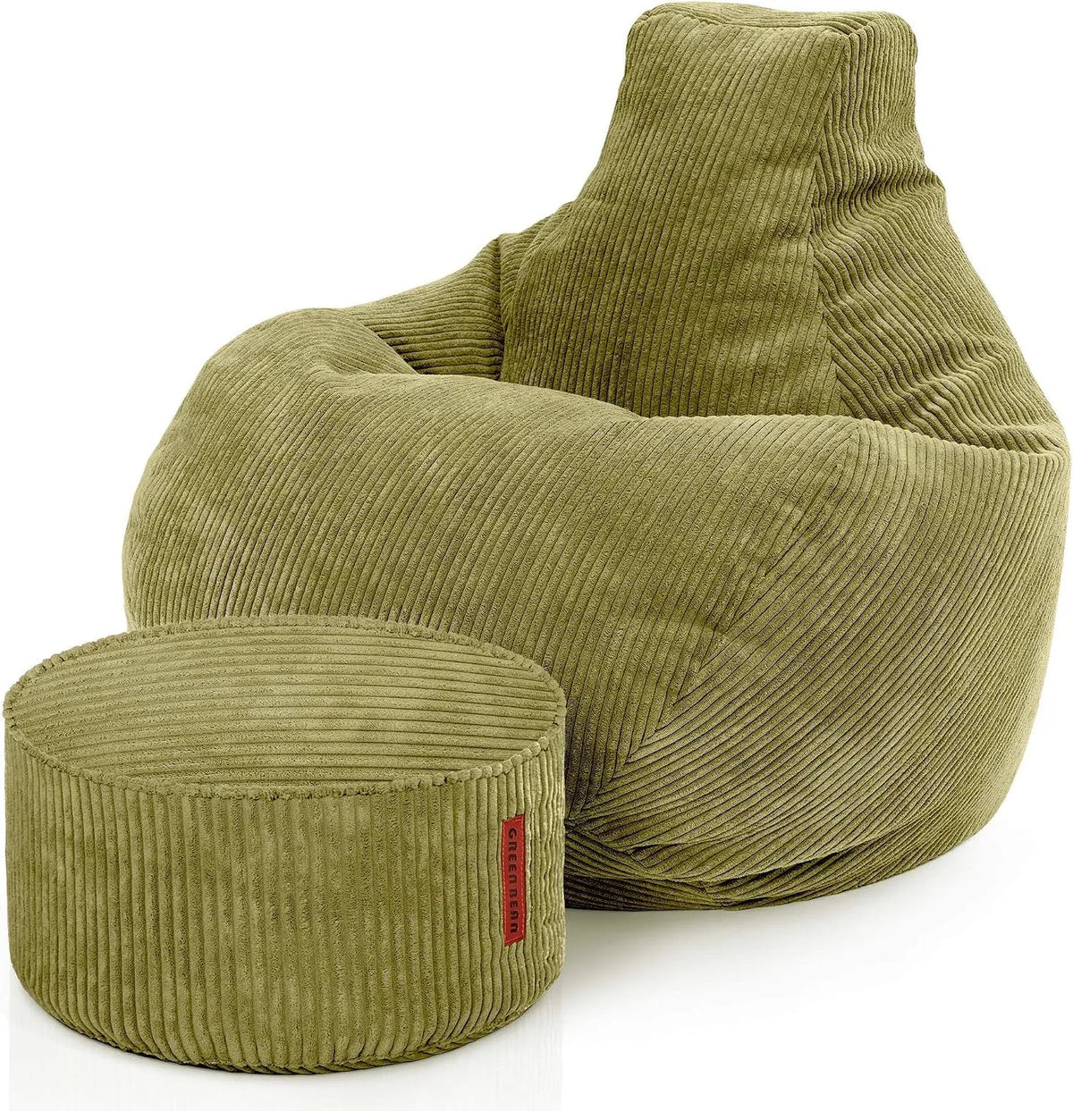 Green Bean© Pouf avec Tabouret en Velours côtelé — 90 × 80 × 80 cm, 45 × 25 cm, vert