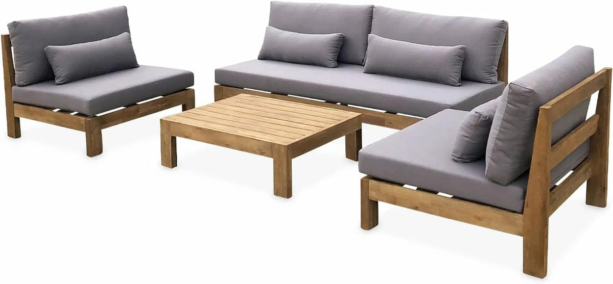 Salon de jardin et ensemble lounge — en bois, avec coussins, 5 Places, anthracite