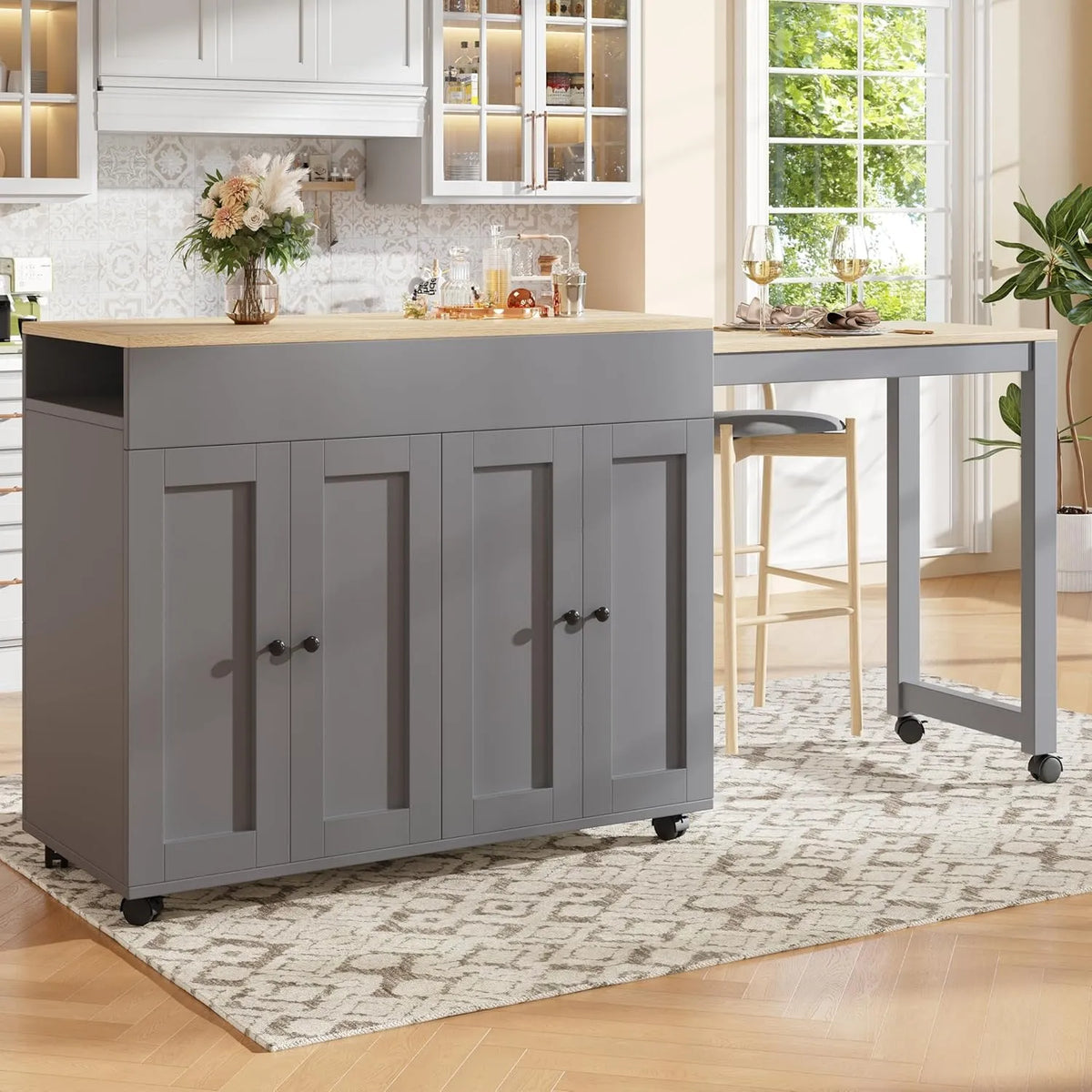 Table de Bar Moderne Extensible — avec rangement, avec Bibliothèque et étagère de rangements, 180×50×94cm, gris, avec étagères