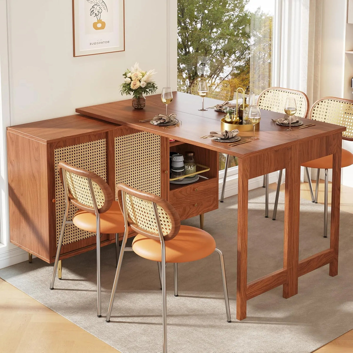 Merax Table de bar extensible avec espace de rangement — avec rangement, pivotant, pliable, 187 × 80 × 76 cm, marron, en résine tressée