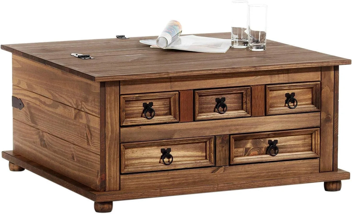 Table basse et table de salon – en bois, avec rangement, avec tiroirs, 5 tiroirs, marron