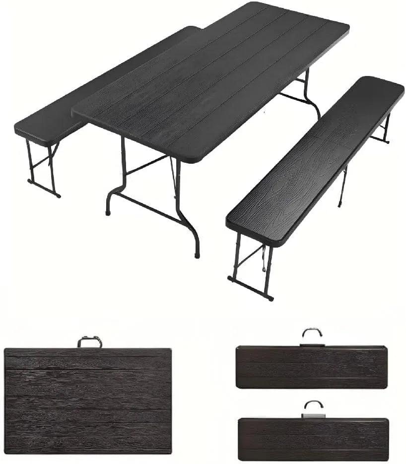 Ensemble Table Pliante à Manger de Jardin et 2 Bancs: résistant à l'eau, noir