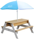 Nick Table Sable et Eau/Pique Nique avec Parasol en Bois — avec rangement, 95 × 97 × 48 cm, blanc