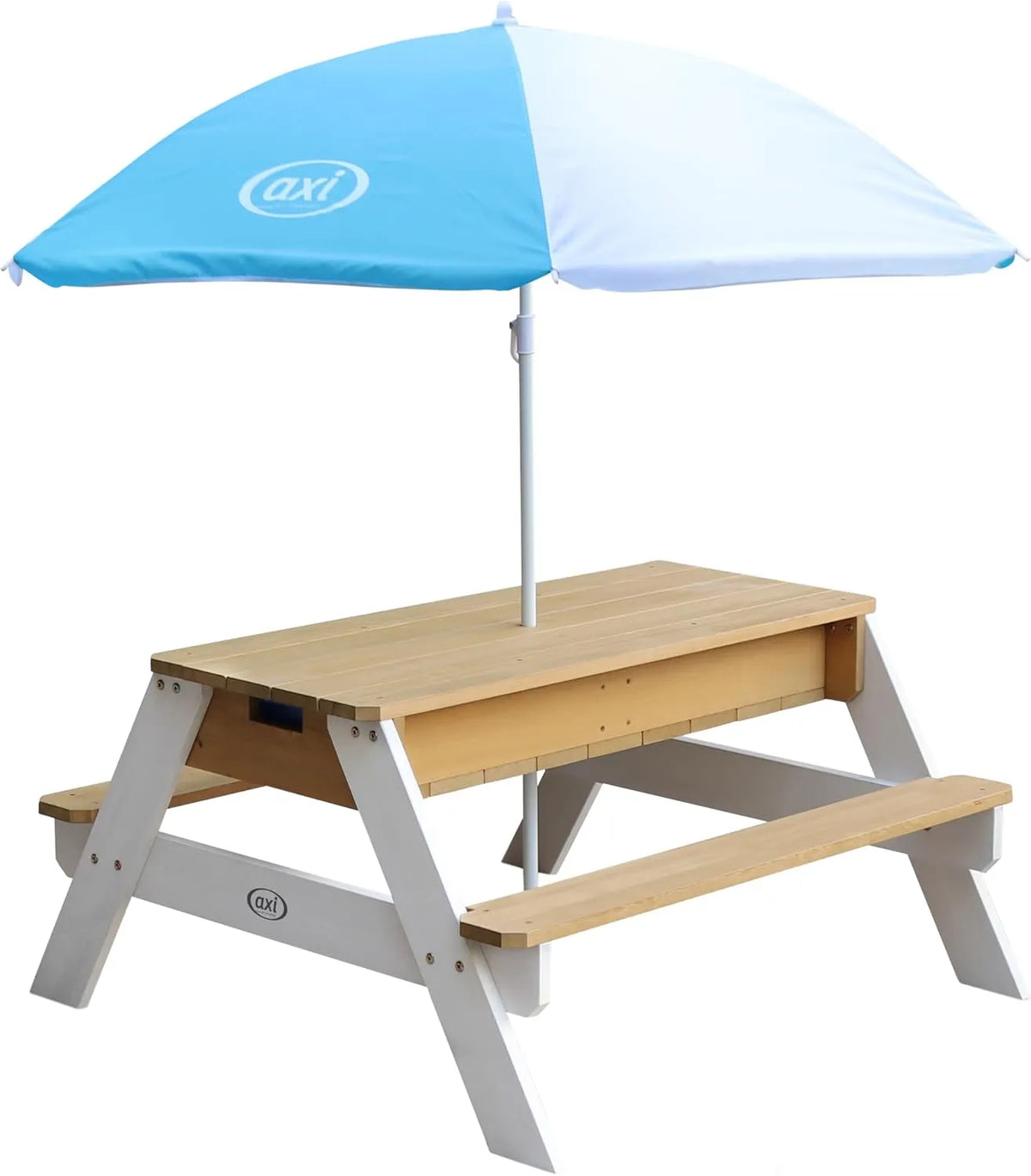 Nick Table Sable et Eau/Pique Nique avec Parasol en Bois — avec rangement, 95 × 97 × 48 cm, blanc